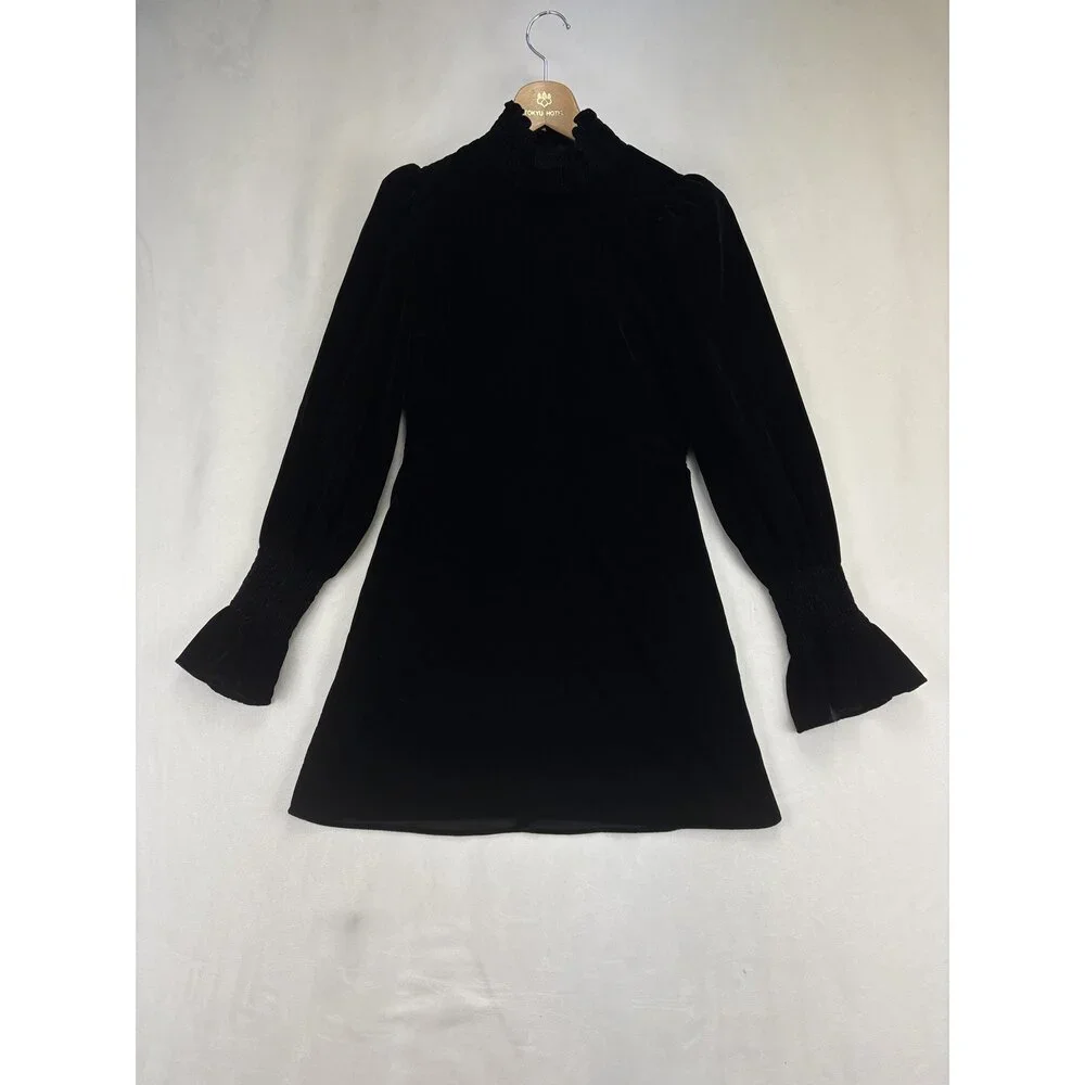 Zara Black Velvet High-Neck Smocked Cuff Long‎ Sleeve Dress XS